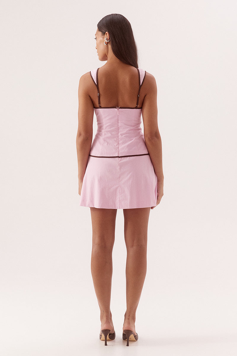 Fitted mini dress in stretch cotton with sweetheart neckline and dropped waist pleats