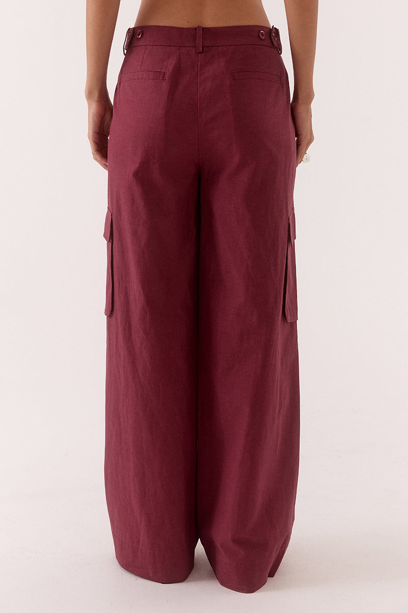 Women’s mid-rise cargo pants in lyocell cotton blend, relaxed fit straight leg with utility flap pockets, angled hip pockets and adjustable waist tabs