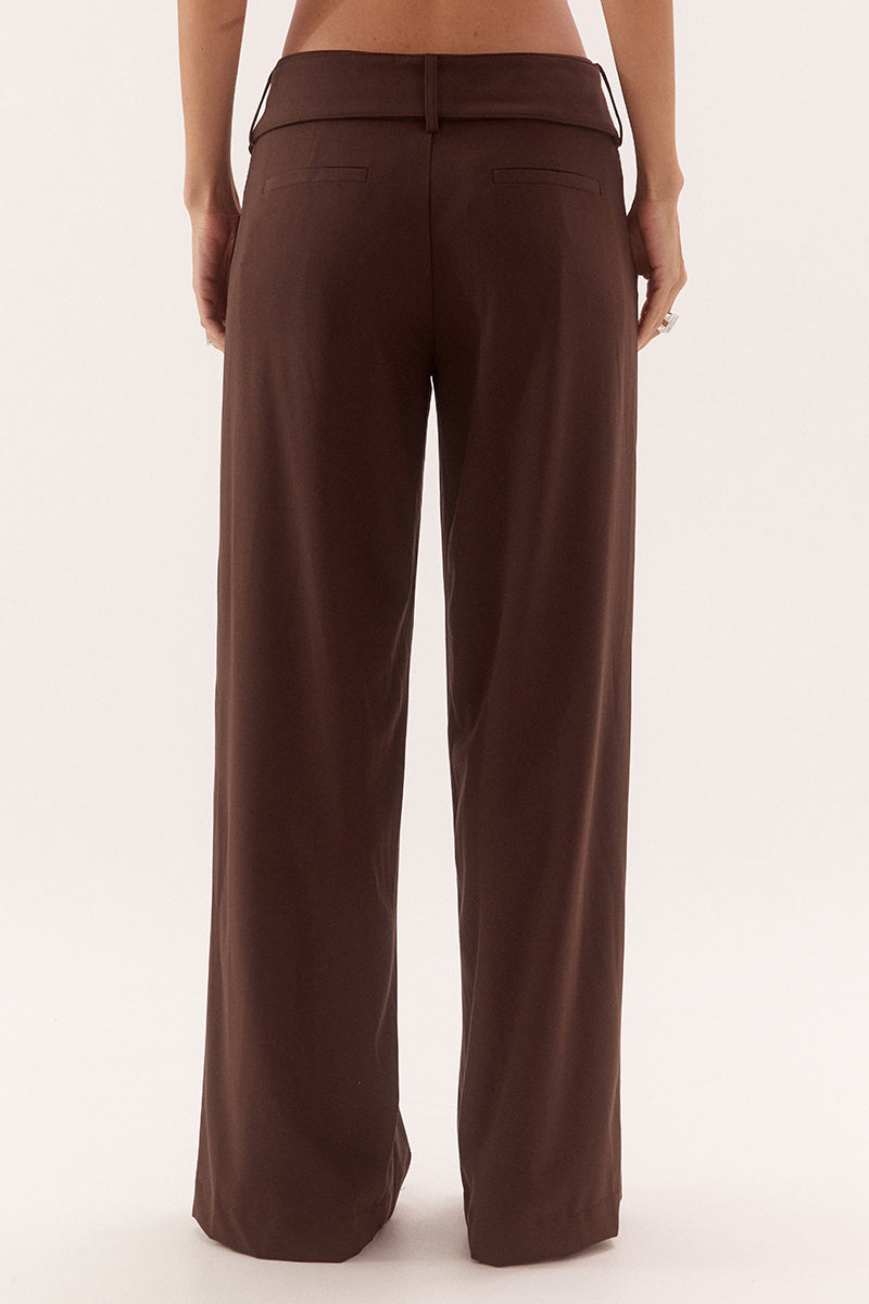 Mid-rise straight leg pants in stretch woven rayon with wide waistband and D-ring belt