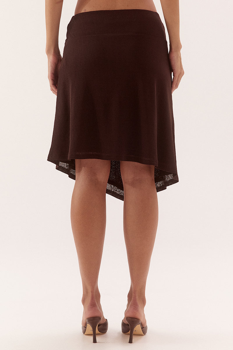 Mid-rise midi skirt in stretch textured mesh with asymmetric waistband and hem
