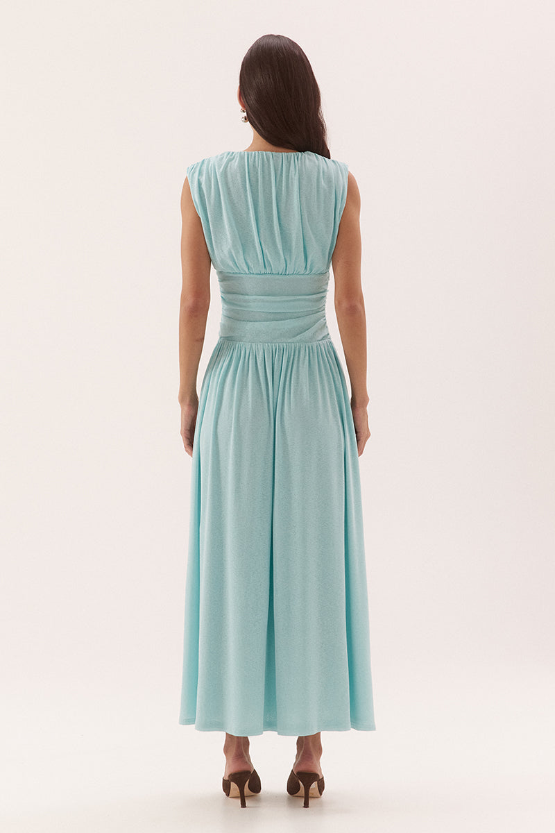 Empire line cami midi dress in stretch textured mesh with sweetheart neckline and gathered skirt