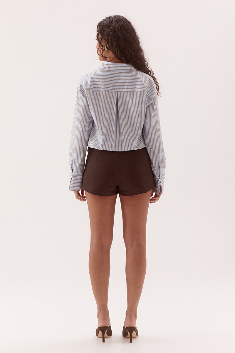 Fixed wrap shirt in cotton blend stripe with dropped shoulder and drawstring hem