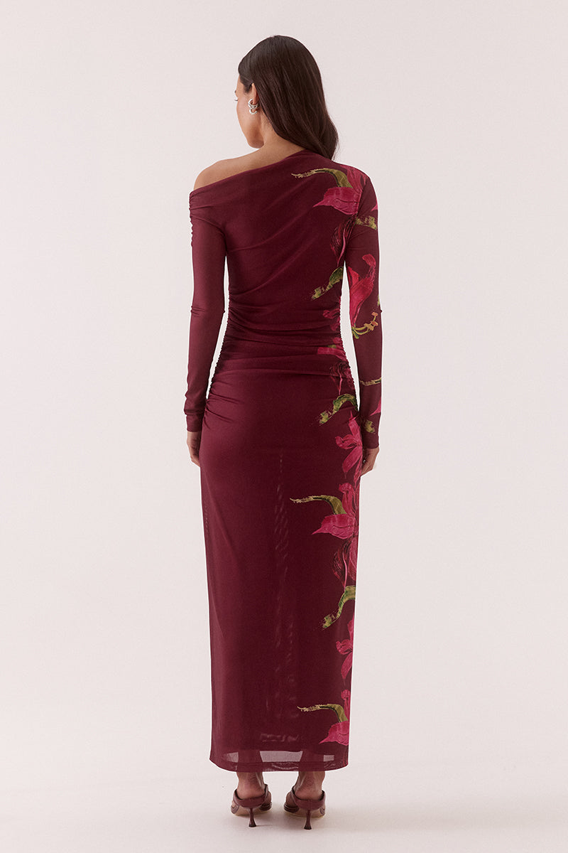 Women’s off-shoulder stretch mesh maxi dress with asymmetric high neck, long sleeves, gathered waist and side split in exclusive print