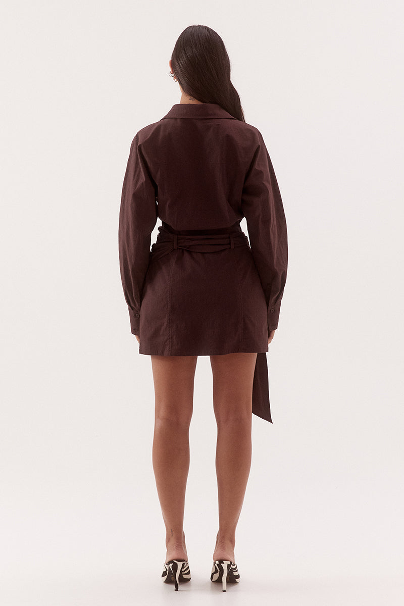 Women's cotton blend mini shirt dress with barrel sleeves, a cinched waist, concealed button front, shaping seams, and a removable fabric belt.