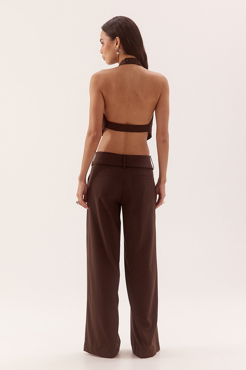 Apron style top in stretch woven rayon with high cowl neckline and V-front hem