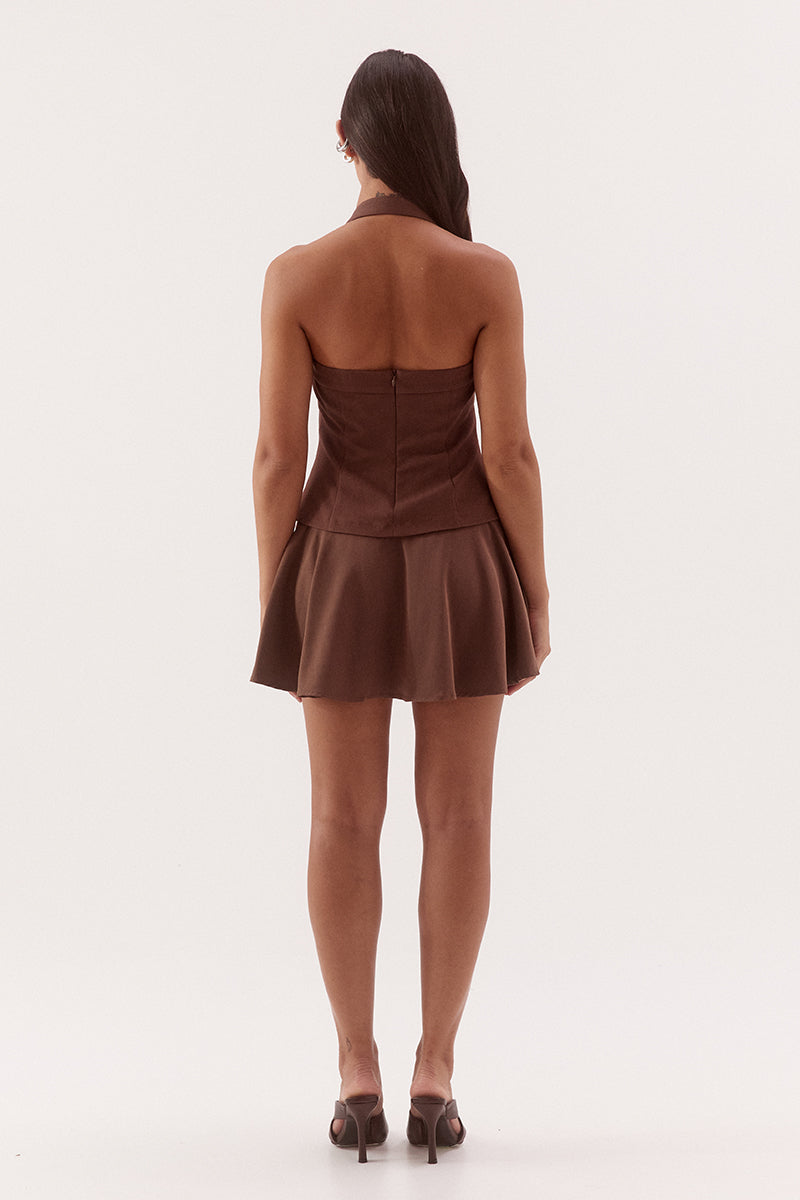 Black halter neck mini dress with adjustable strap, silver D ring detail, shaped bodice and soft gathered Lyocell skirt