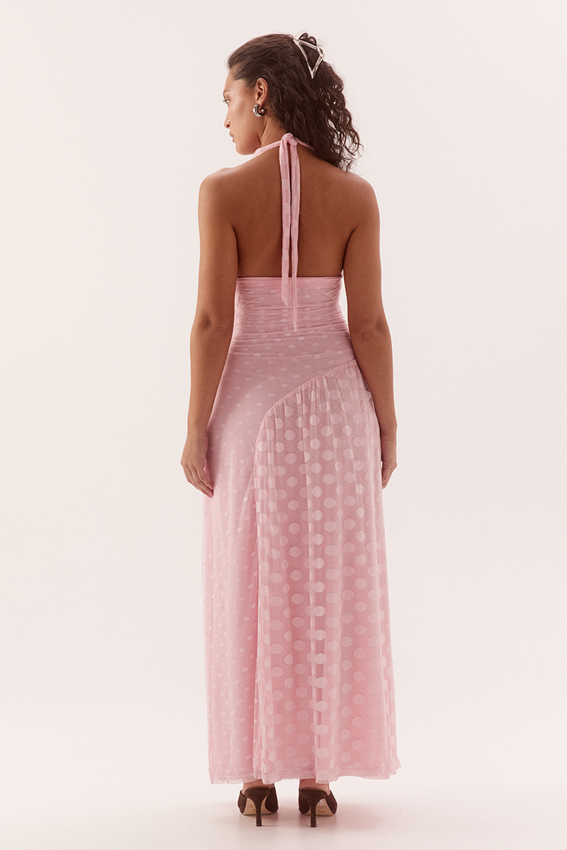 Two-layer mini dress in dot mesh with wide boat neck and side godet drape