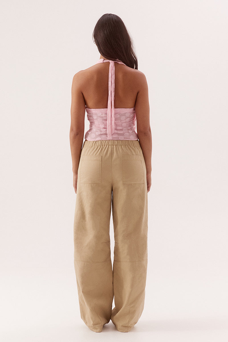 Halter neck empire line top in dot stretch mesh with draped side overlay