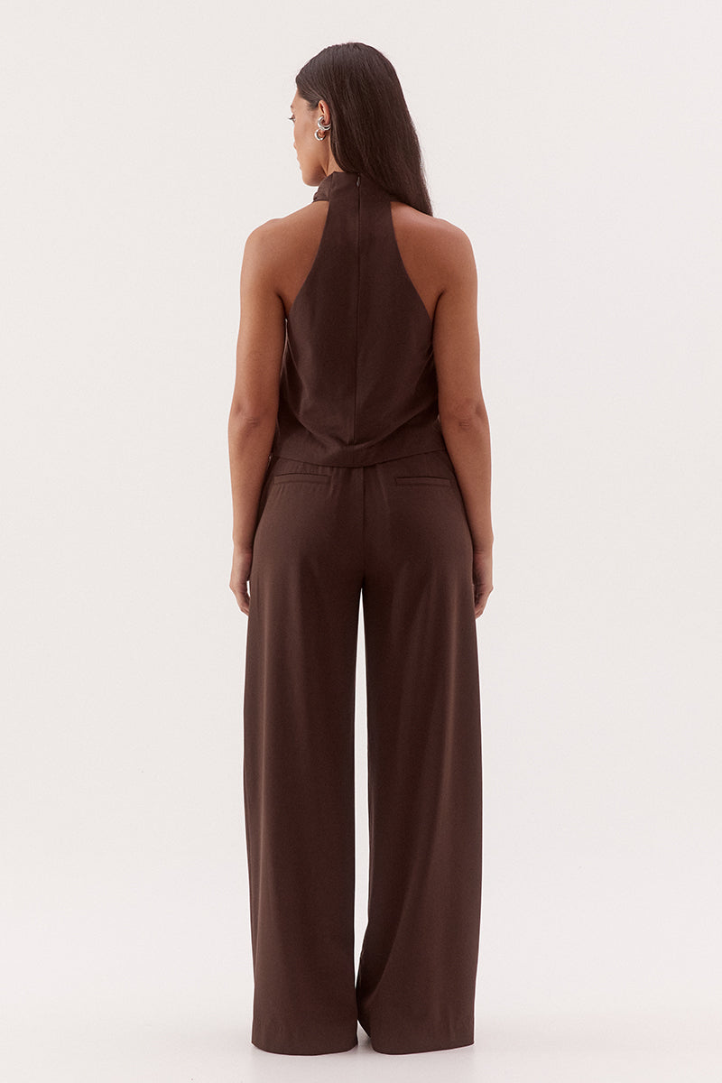 Women's bamboo blend sleeveless top with a soft cowl neckline, side neck pleats, racer back design, and relaxed fit silhouette.