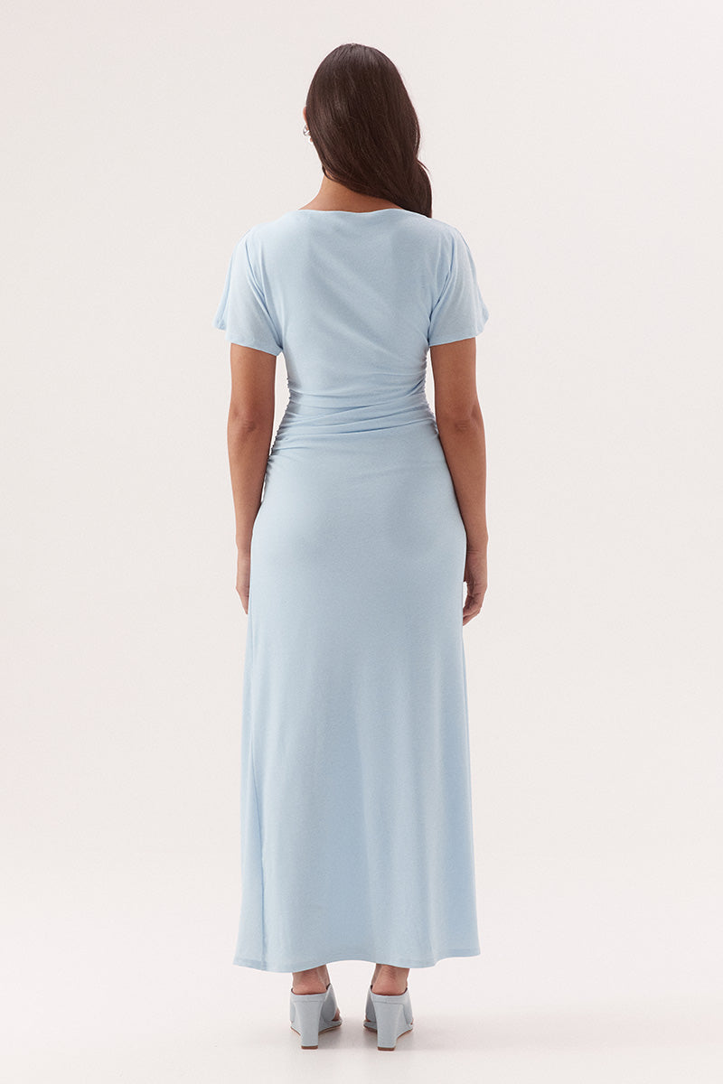Women's textured stretch mesh fitted midi dress with off-shoulder option, short sleeves, gathered waist, boat neckline and front split.