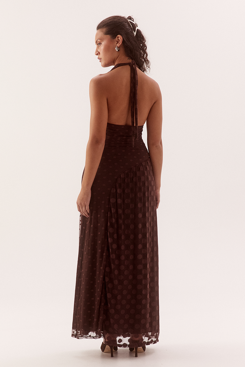 Halter neck empire line midi dress in dot mesh with contrast godet drape panel