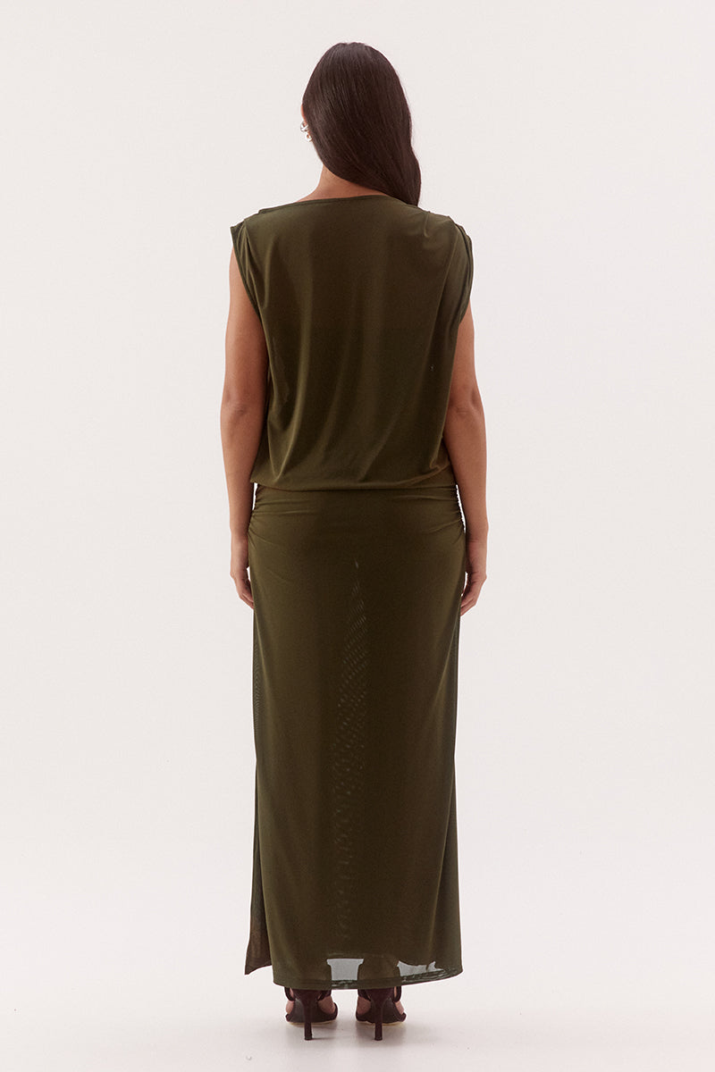 Women's stretch mesh sleeveless midi dress with sheer tank bodice, multiway neckline, gathered column skirt, built-in bralette and suede belt.
