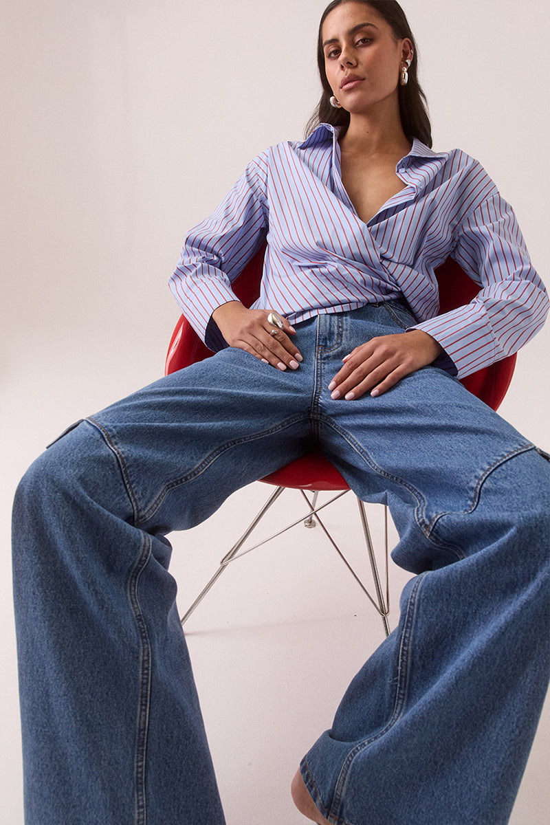 Cotton-blend striped wrap shirt with dropped shoulder and adjustable wide cuffs