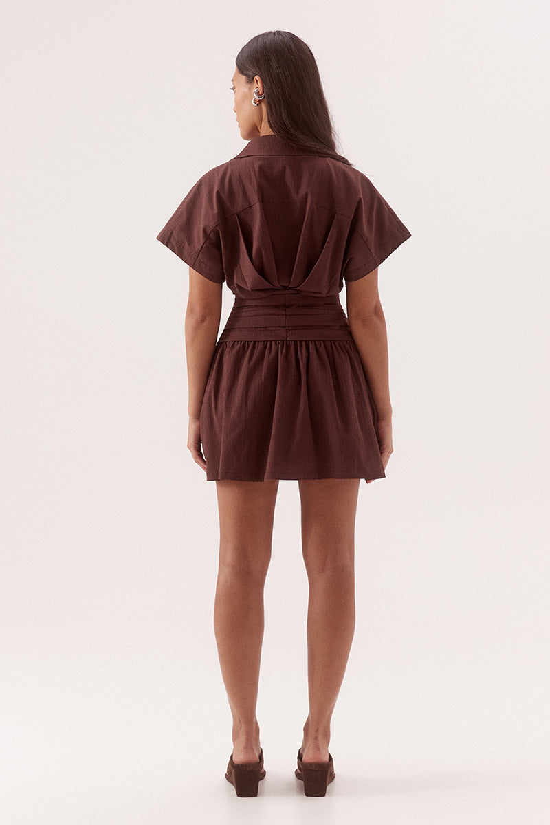 Pleated mini dress in stretch cotton with two piece collar and gathered full skirt