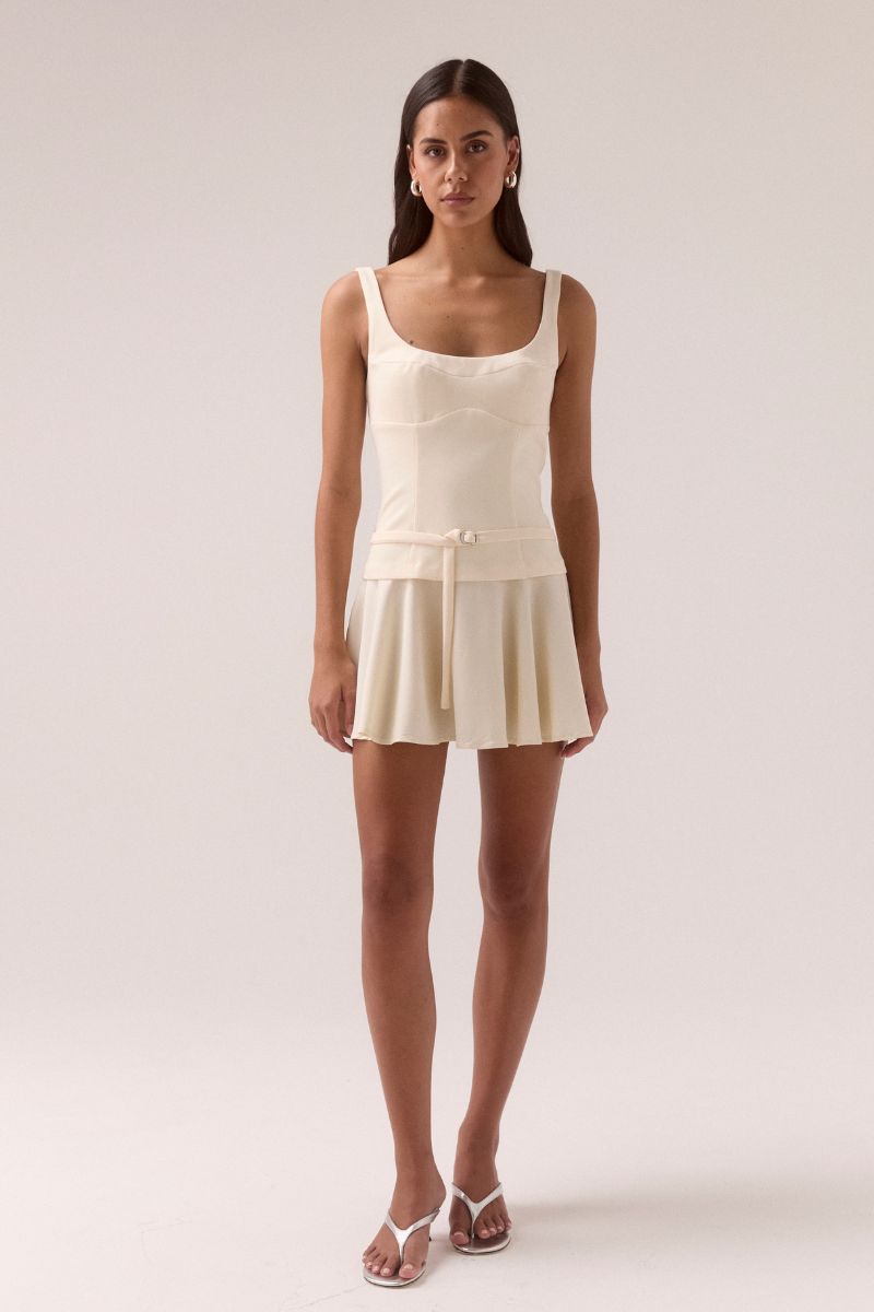 - Viscose blend bodice & Lyocell skirt fabrication
- Sleevless mini dress
- Fixed strap
- Scooped neckline
- Shaped underbust seam
- Main fabric belt with sIlver metal slider 
- Invisible zipper at back 
- Body shaping panels
- Dropped waist seam
- Soft gathers through skirt
- Bodice is only lined