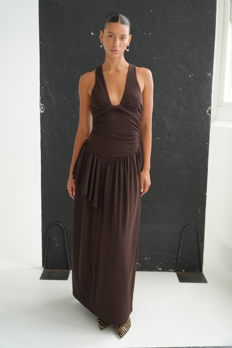 Dropped waist maxi dress in textured rib mesh with scoop neckline and one-sided frill overlay