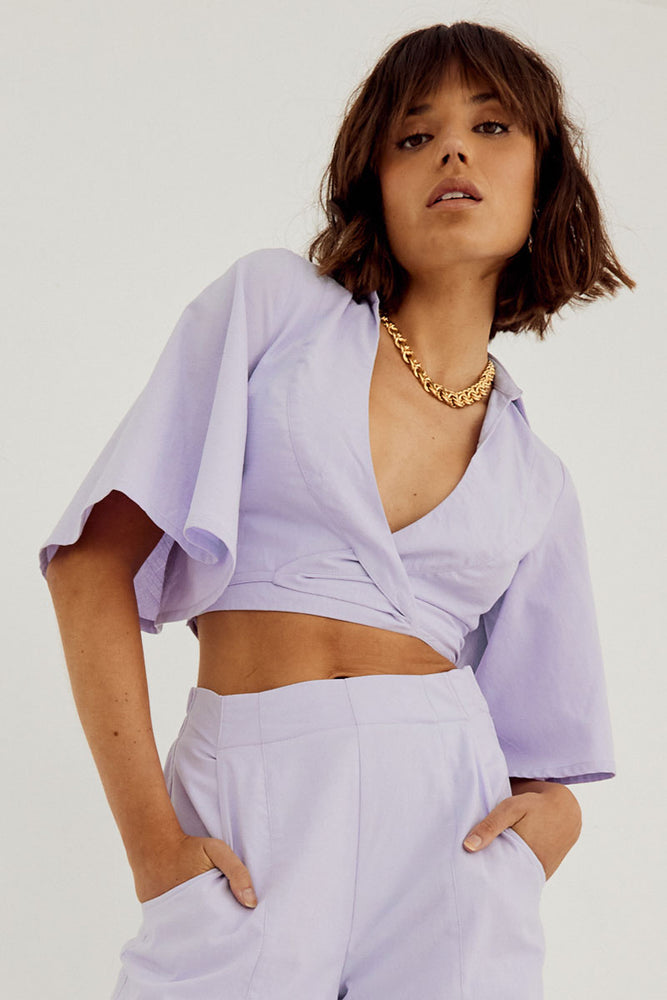 Sovere Studio women's Clothing Sydney Outline Wrap Shirt purple.